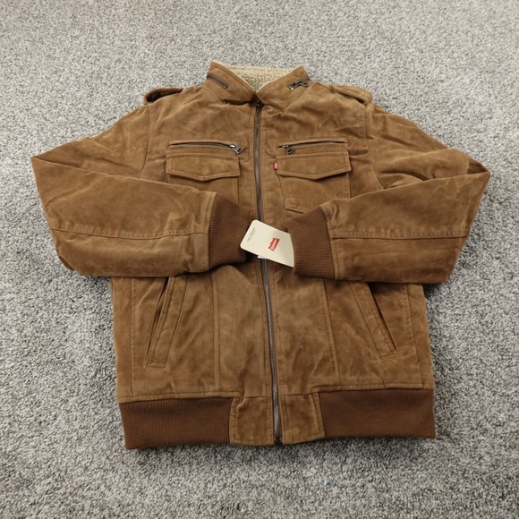NEW Levis Jacket Mens S Brown Sherpa Lined Faux Suede Trucker Bomber Work Coat - Picture 2 of 13